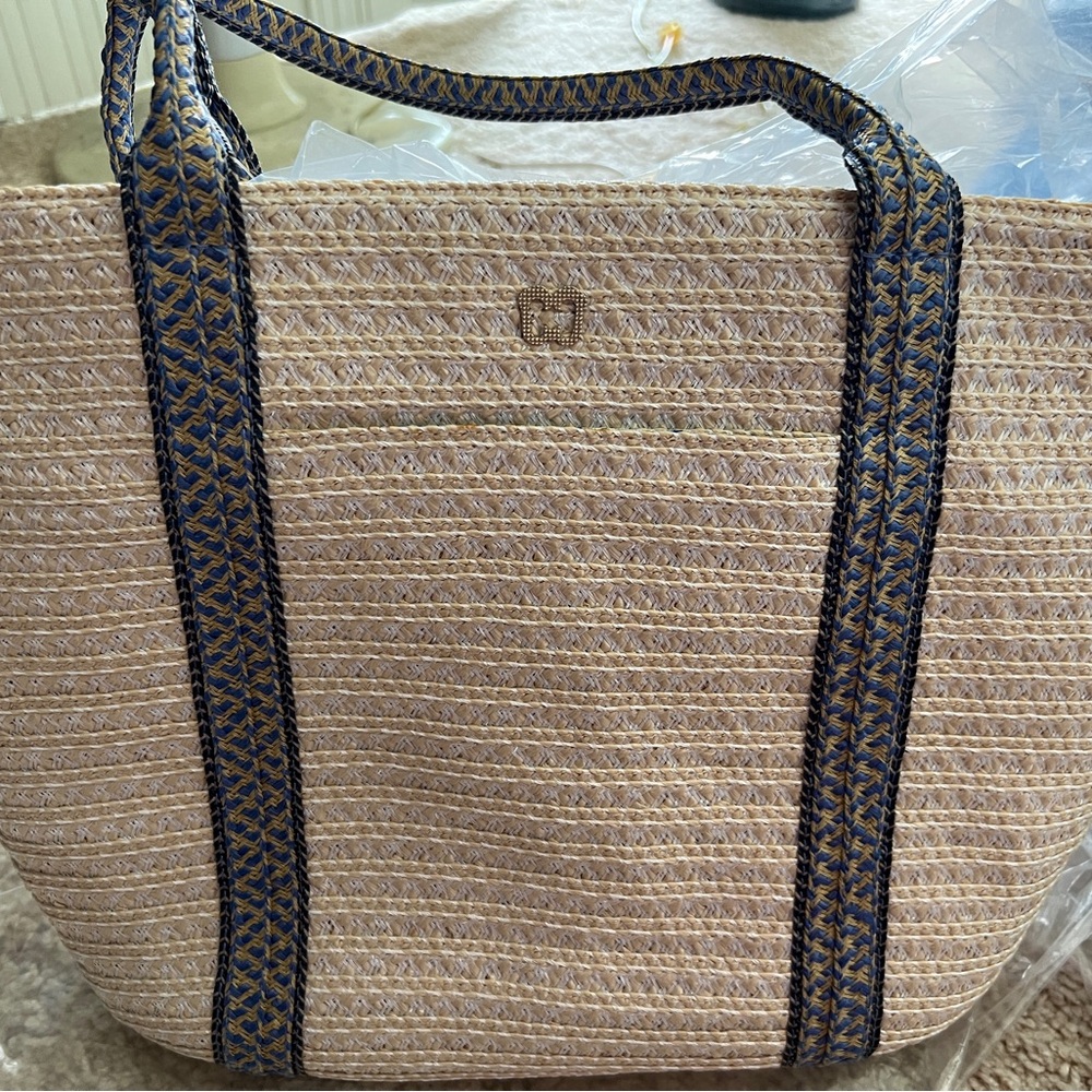 Eric Javits Tan and Blue Straw Tote Bag, NWT